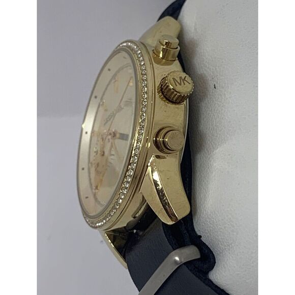 Michael Kors MK6328 Women Black Leather Analog Gold Dial Quartz Wrist Watch E325